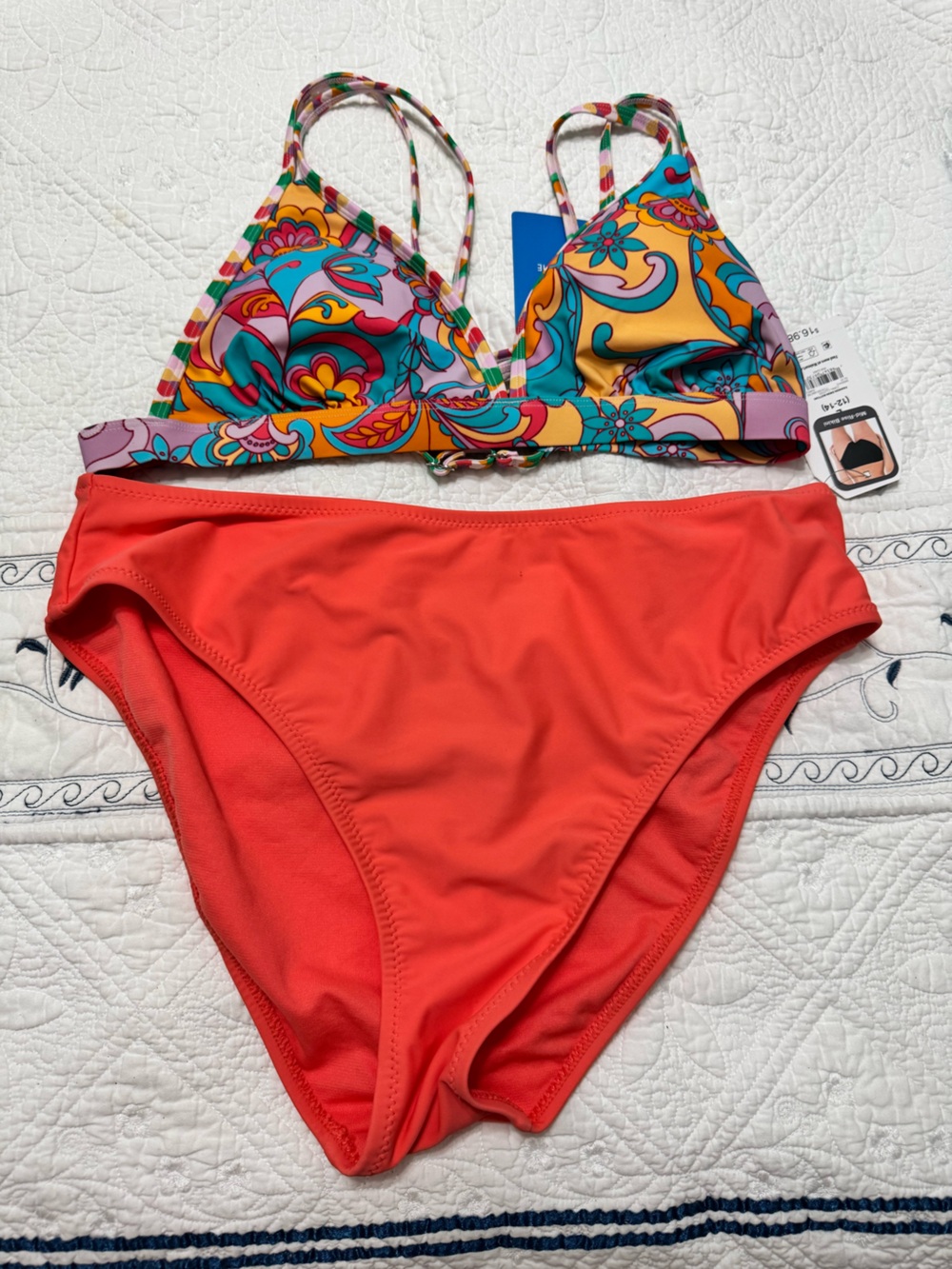 Colorful Floral Trim Swim Top in Coral and Lavender with coral bottoms